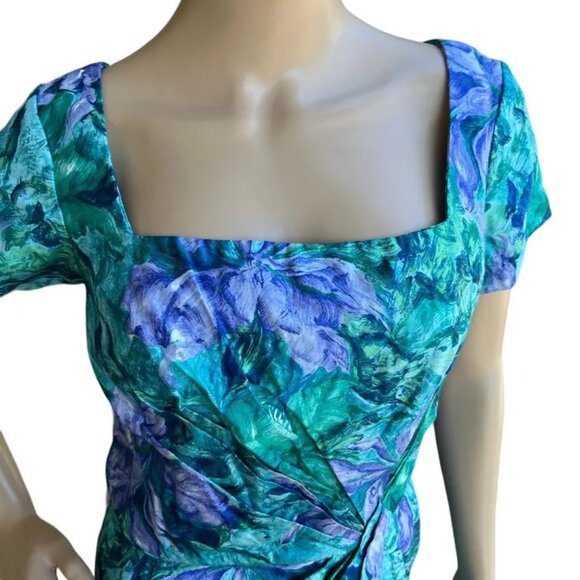 Vintage Isabell Gerhart Houston Dress Green Purple Floral Print Draped Cocktail - Picture 5 of 10